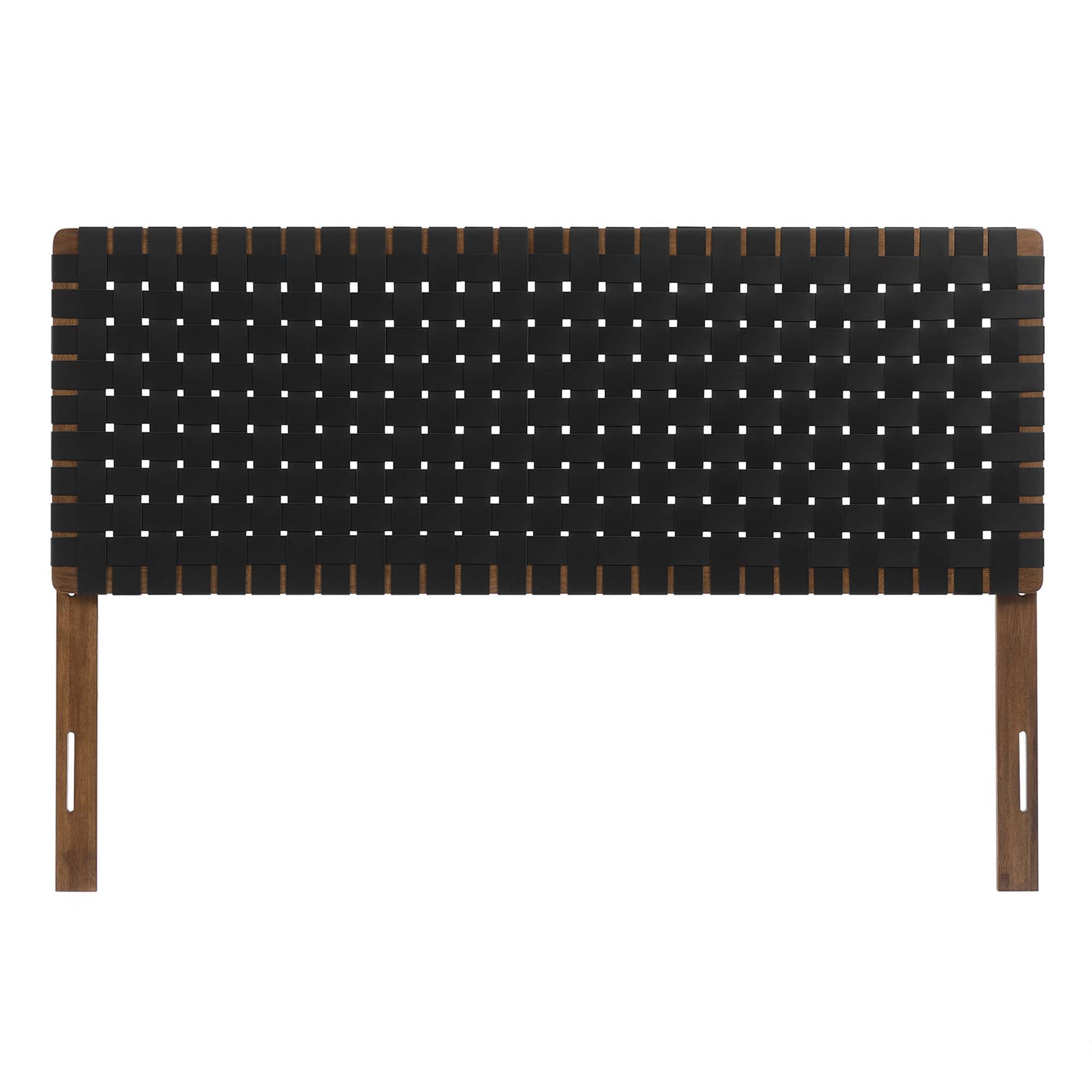 Walnut-finish wood frame with black vegan-leather weave headboard for queen bed.