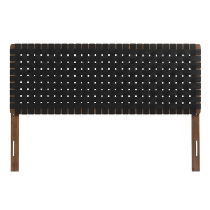 Walnut-finish wood frame with black vegan-leather weave headboard for queen bed.