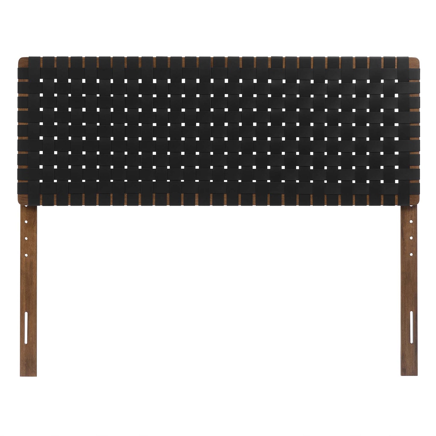Walnut-finish headboard with black woven panel; long rectangular design, two mounting legs.