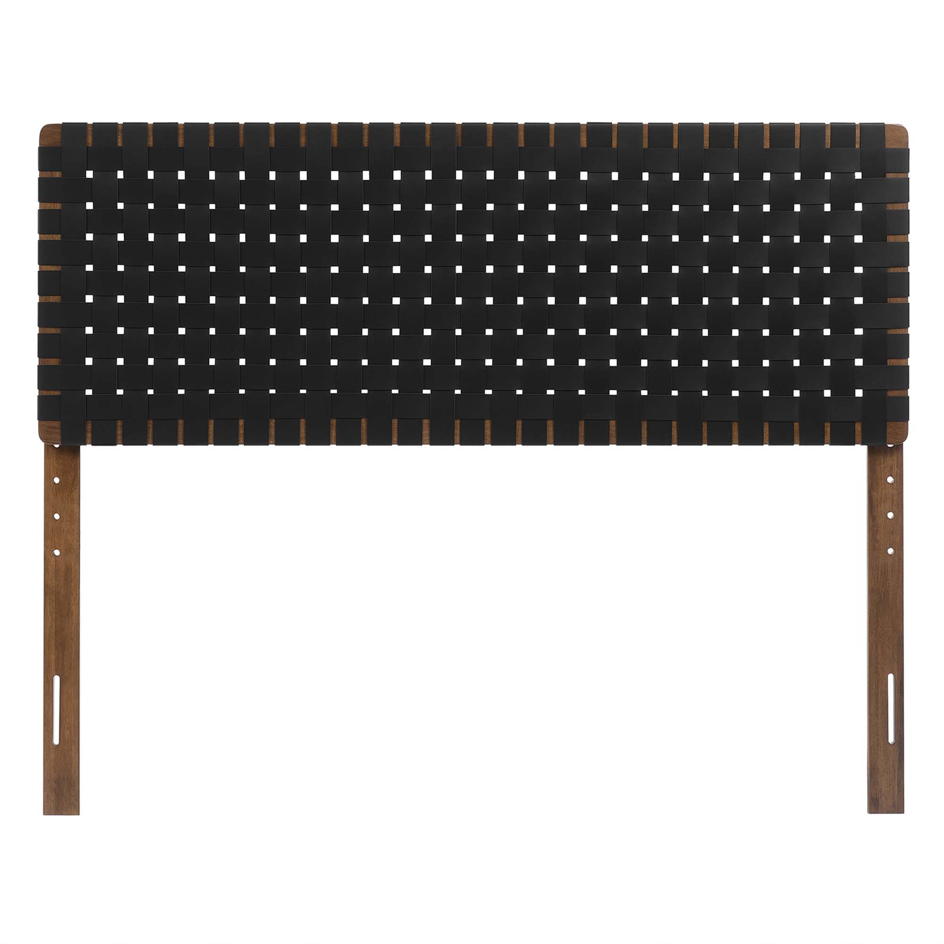 Walnut-finish headboard with black woven panel; long rectangular design, two mounting legs.