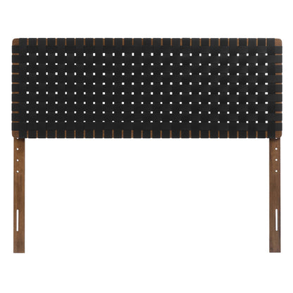 Walnut-finish headboard with black woven panel; long rectangular design, two mounting legs.