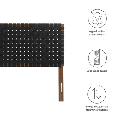 Walnut wood frame with black vegan leather basket weave panel, rectangular queen-size headboard.