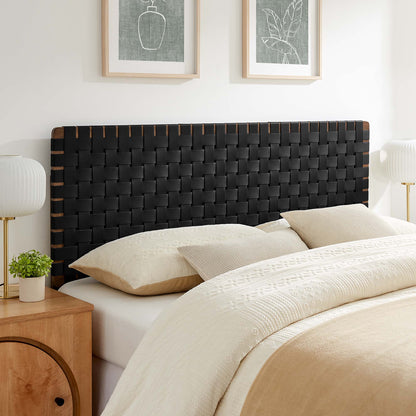 Queen headboard with black weave vegan leather and a light wood frame.