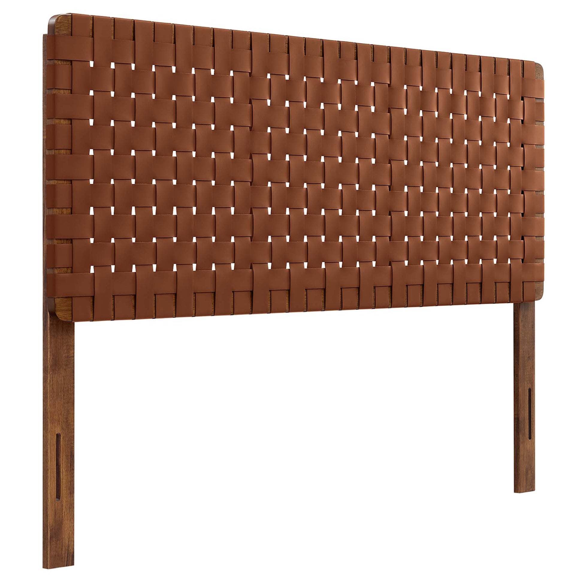 Walnut brown woven panel headboard with solid wooden posts, rustic mid-century style.