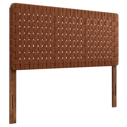 Walnut brown woven panel headboard with solid wooden posts, rustic mid-century style.