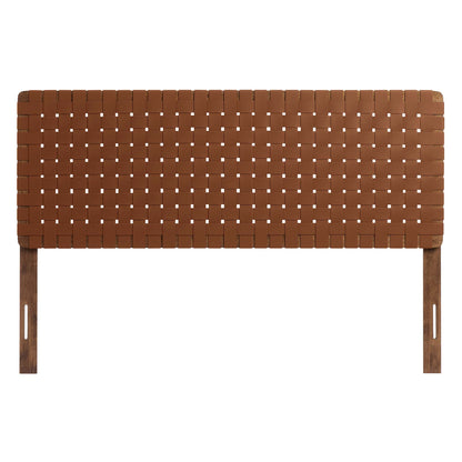 Walnut brown woven leather headboard with wooden legs, rectangular panel.