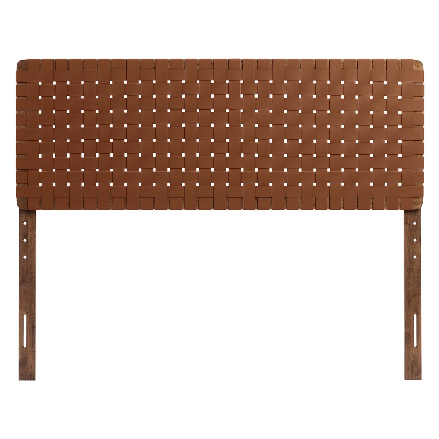 Walnut brown vegan leather queen headboard panel with Sparta weave; lattice-style design.