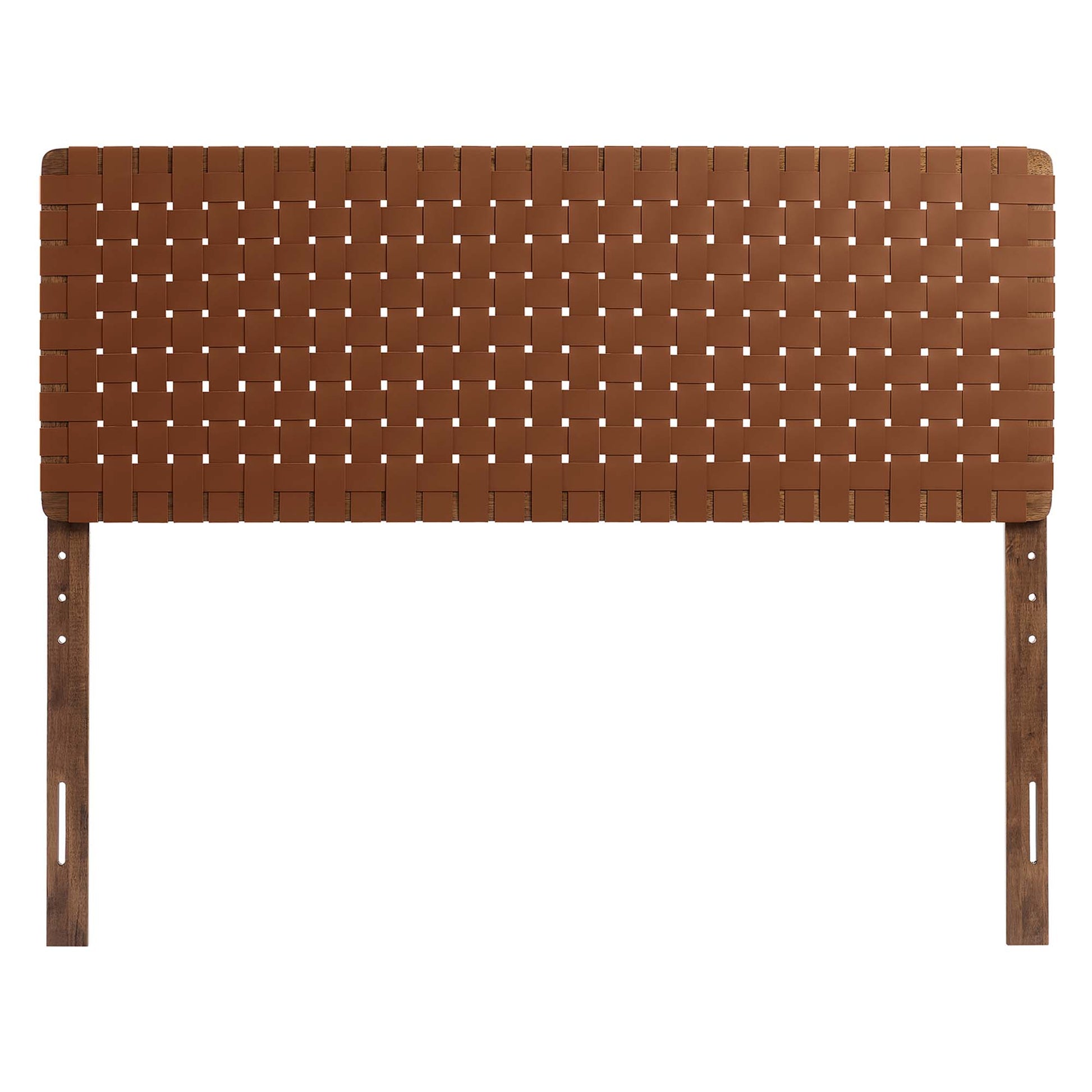 Walnut brown vegan leather queen headboard panel with Sparta weave; lattice-style design.