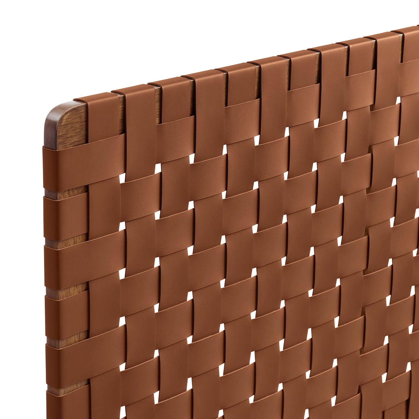 Walnut brown vegan leather weave panel headboard with wood frame, queen size.