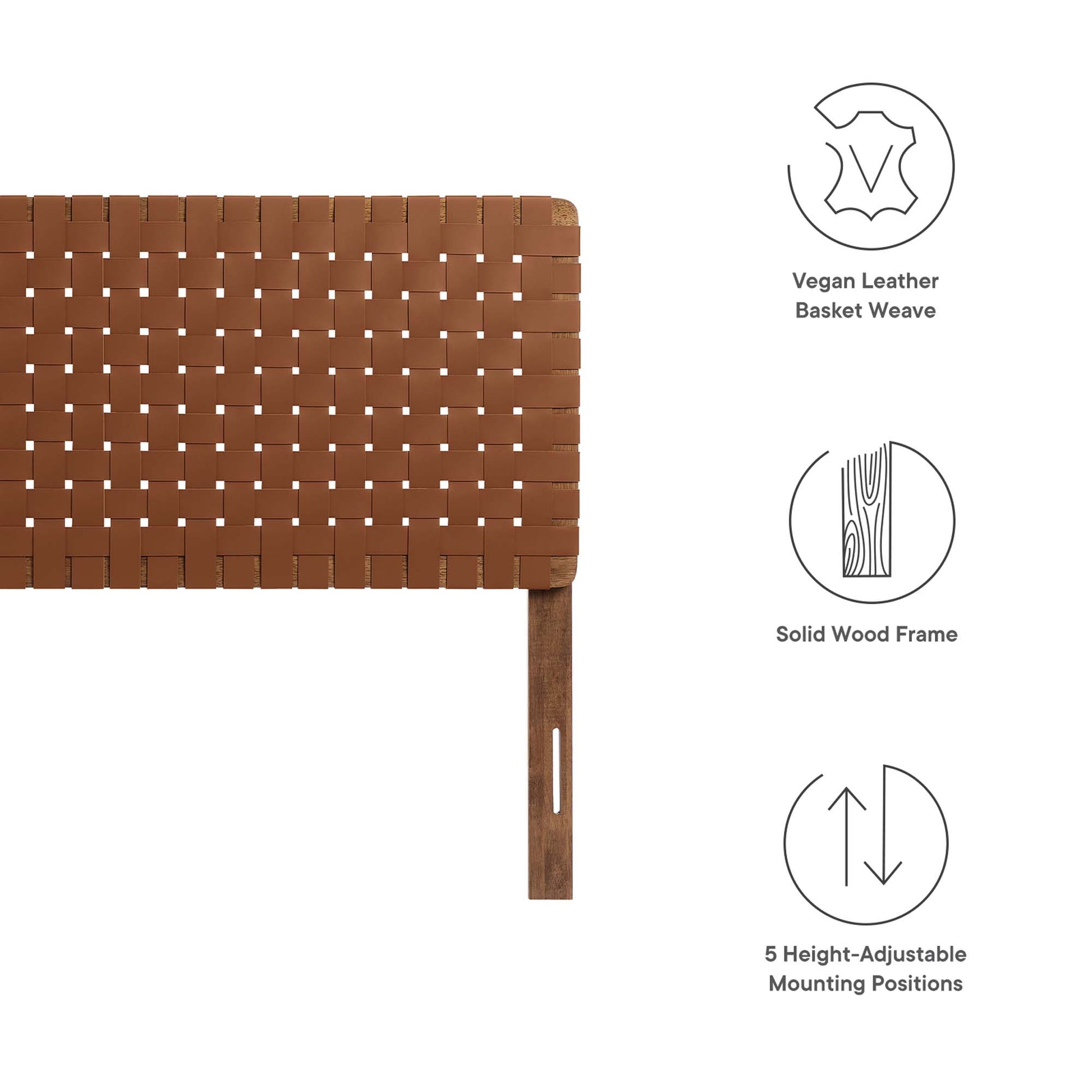 Walnut brown vegan leather basket-weave panel headboard on a solid wood frame with 5 height-adjustable mounting positions.