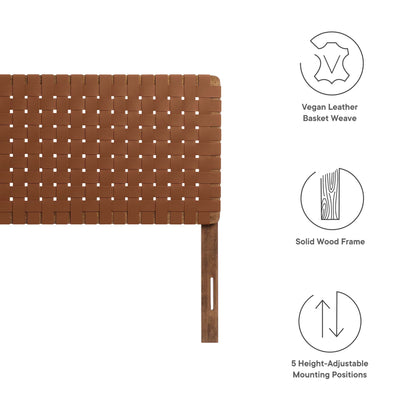 Walnut brown vegan leather basket-weave panel headboard on a solid wood frame with 5 height-adjustable mounting positions.