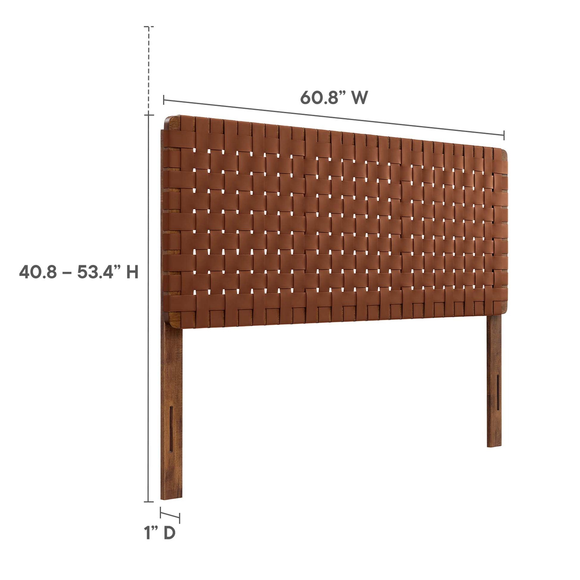 Walnut brown woven leather headboard with solid wood legs, mid-century modern, approx 60.8W x 40.8–53.4H x 1D.