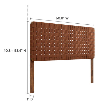 Walnut brown woven leather headboard with solid wood legs, mid-century modern, approx 60.8W x 40.8–53.4H x 1D.