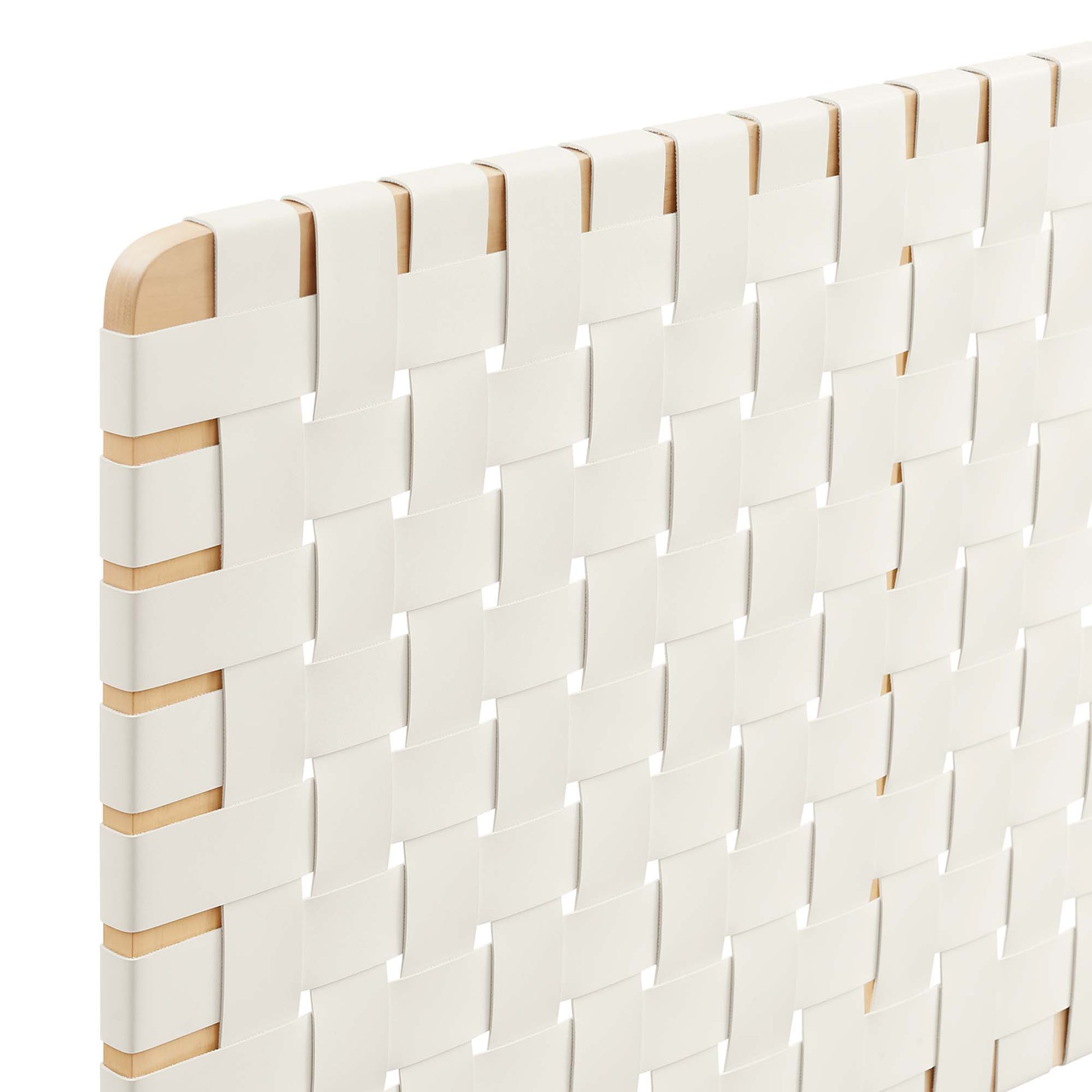 Natural beige woven king headboard with wall-mount hardware and rounded wood edges; modern decorative headboard.