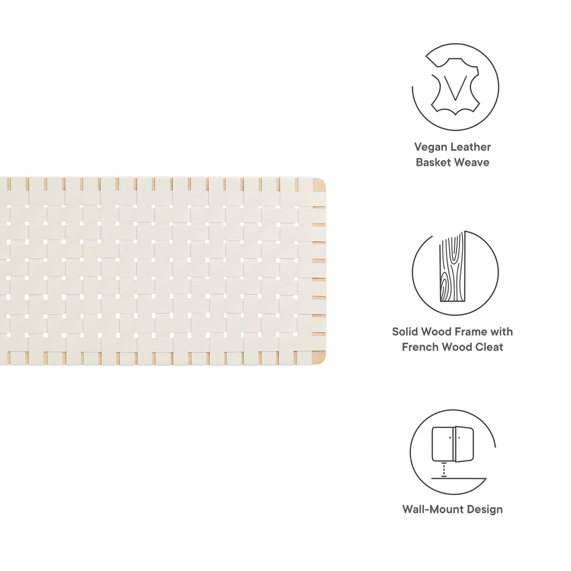 Rectangular natural beige vegan leather basket-weave king headboard with solid wood frame; wall-mount design.