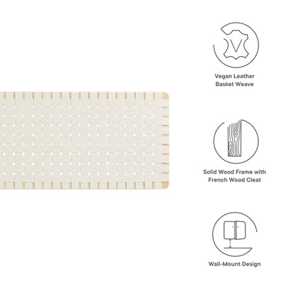 Rectangular natural beige vegan leather basket-weave king headboard with solid wood frame; wall-mount design.
