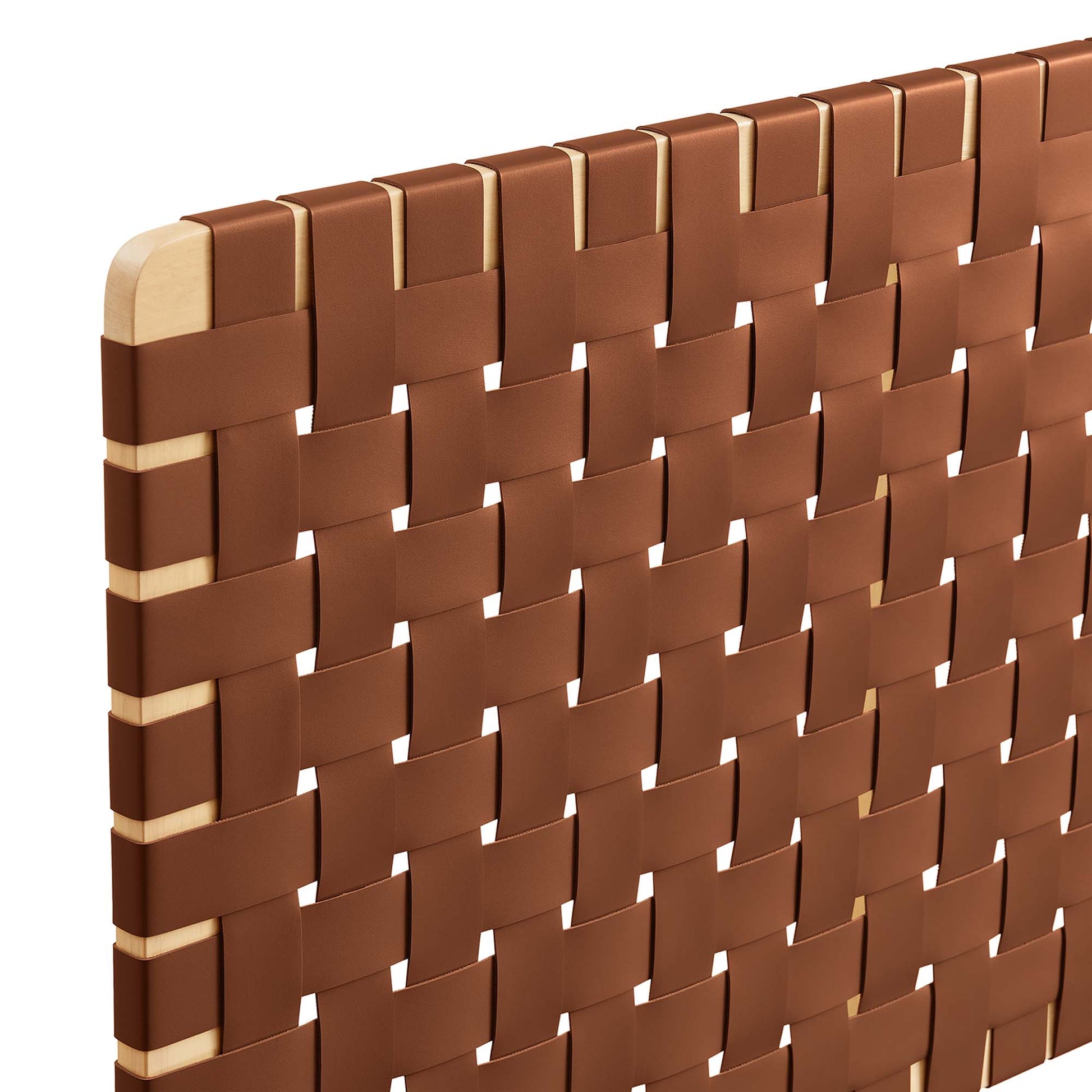 Brown vegan leather wall-mount king headboard with a textured woven panel design.