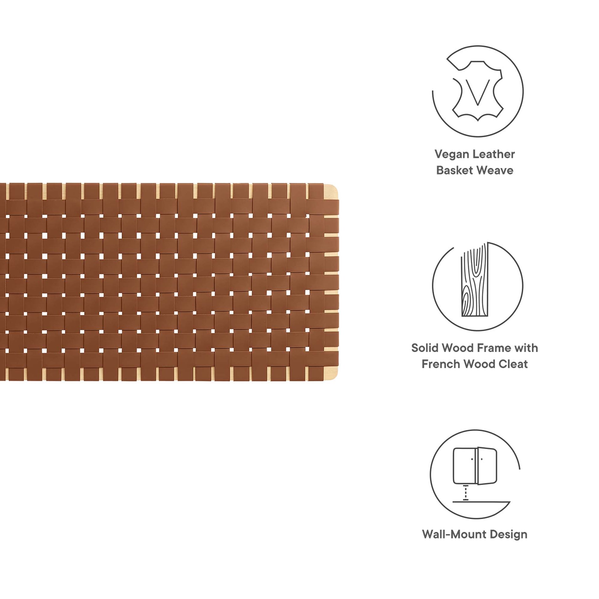 Natural brown vegan leather basket-weave headboard with a solid wood frame; wall-mount design.