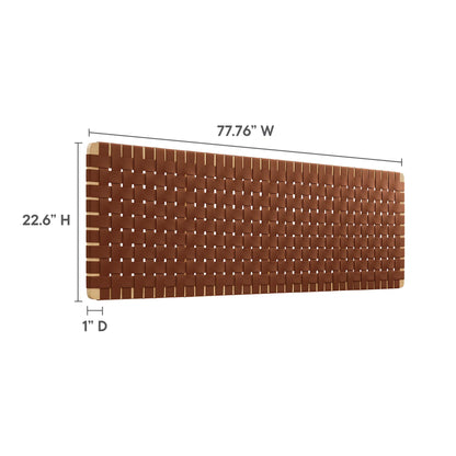 Natural brown vegan leather king headboard with weave texture, wall-mount, 77.76W x 22.6H x 1D.