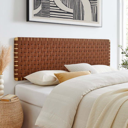 Brown woven headboard with interlaced strips, wall-mounted, paired with cream bedding and beige accent pillow.