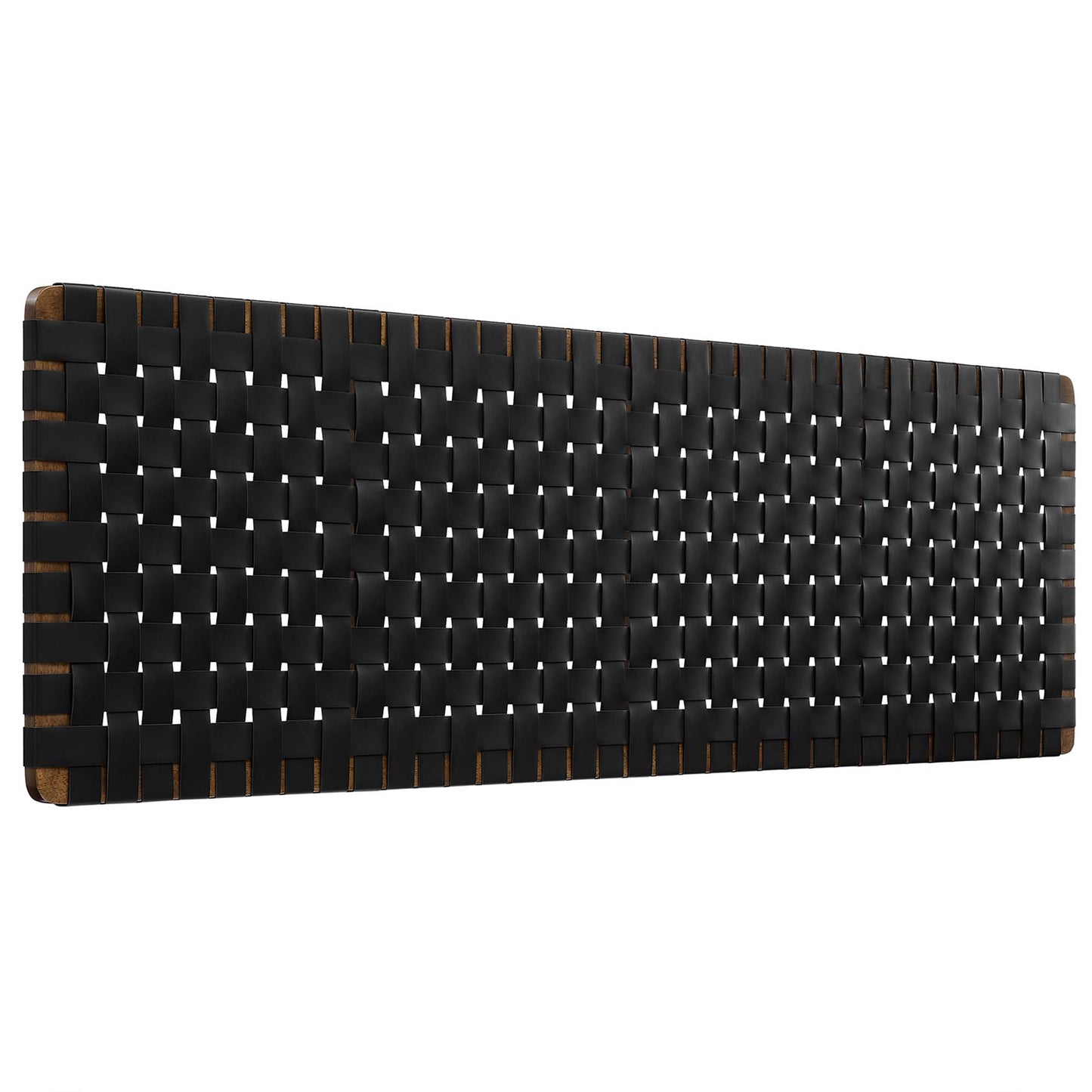 Black wall-mount vegan leather king headboard with a woven texture.