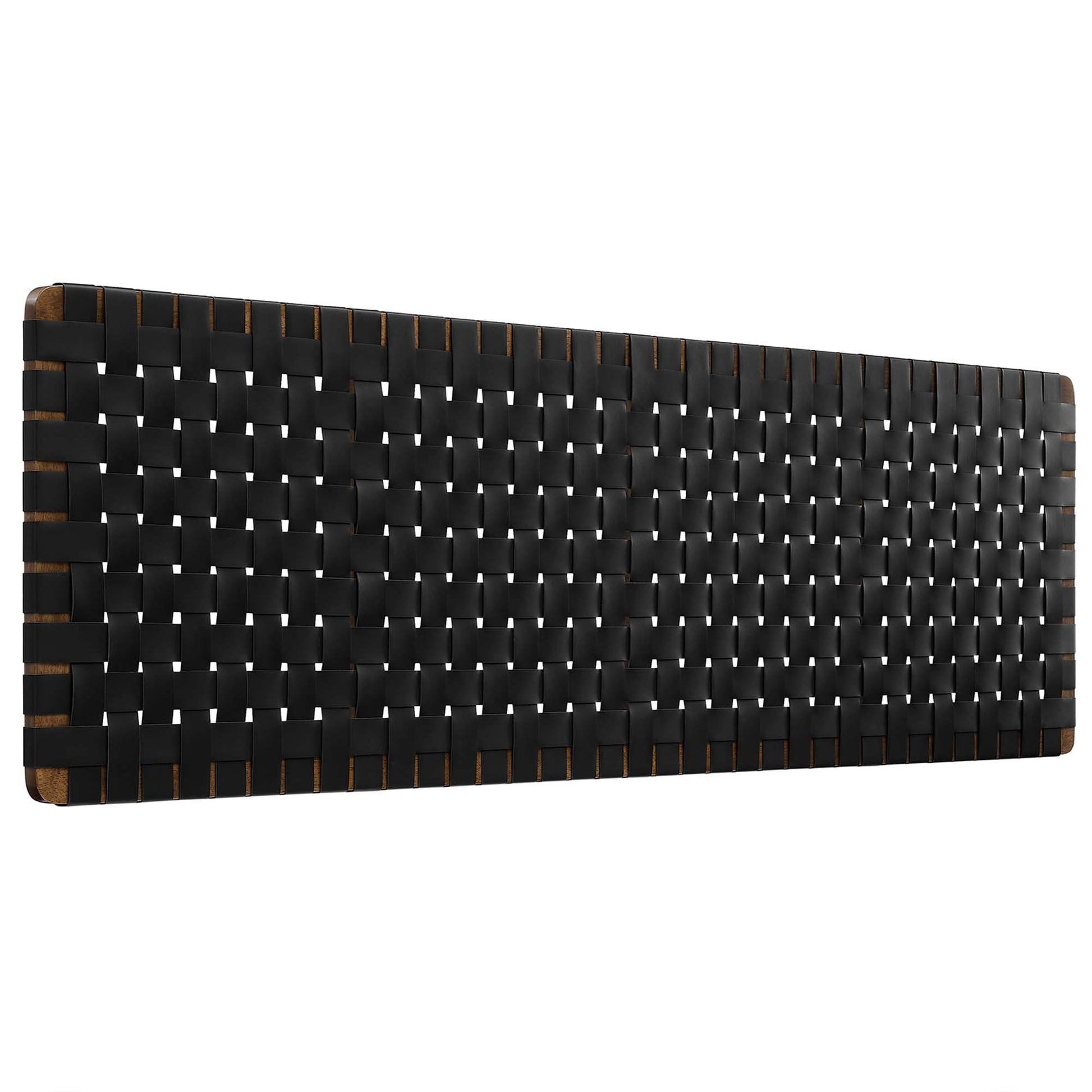 Black wall-mount vegan leather king headboard with a woven texture.