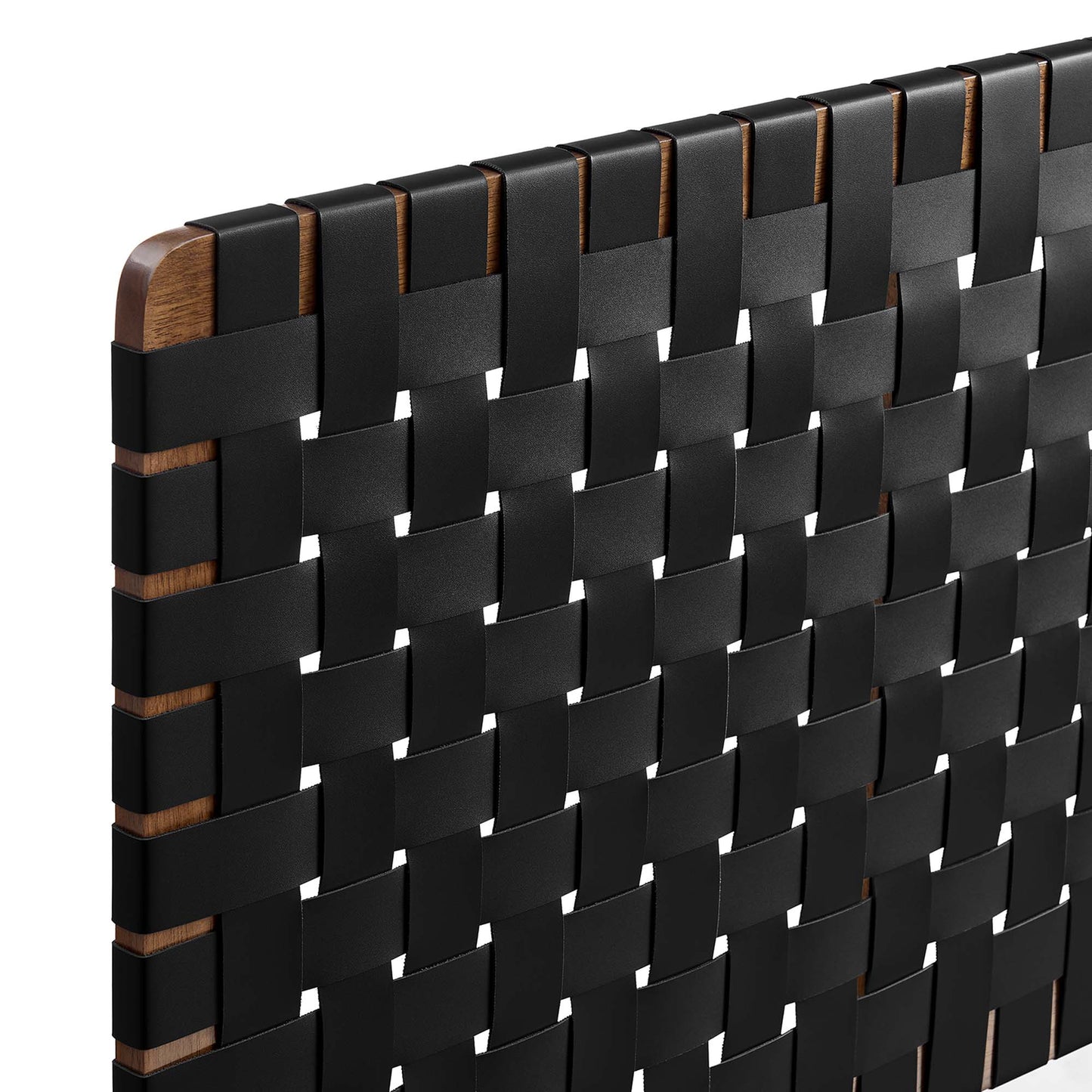 Close-up of a black woven vegan leather headboard with a geometric pattern, designed for wall mounting.