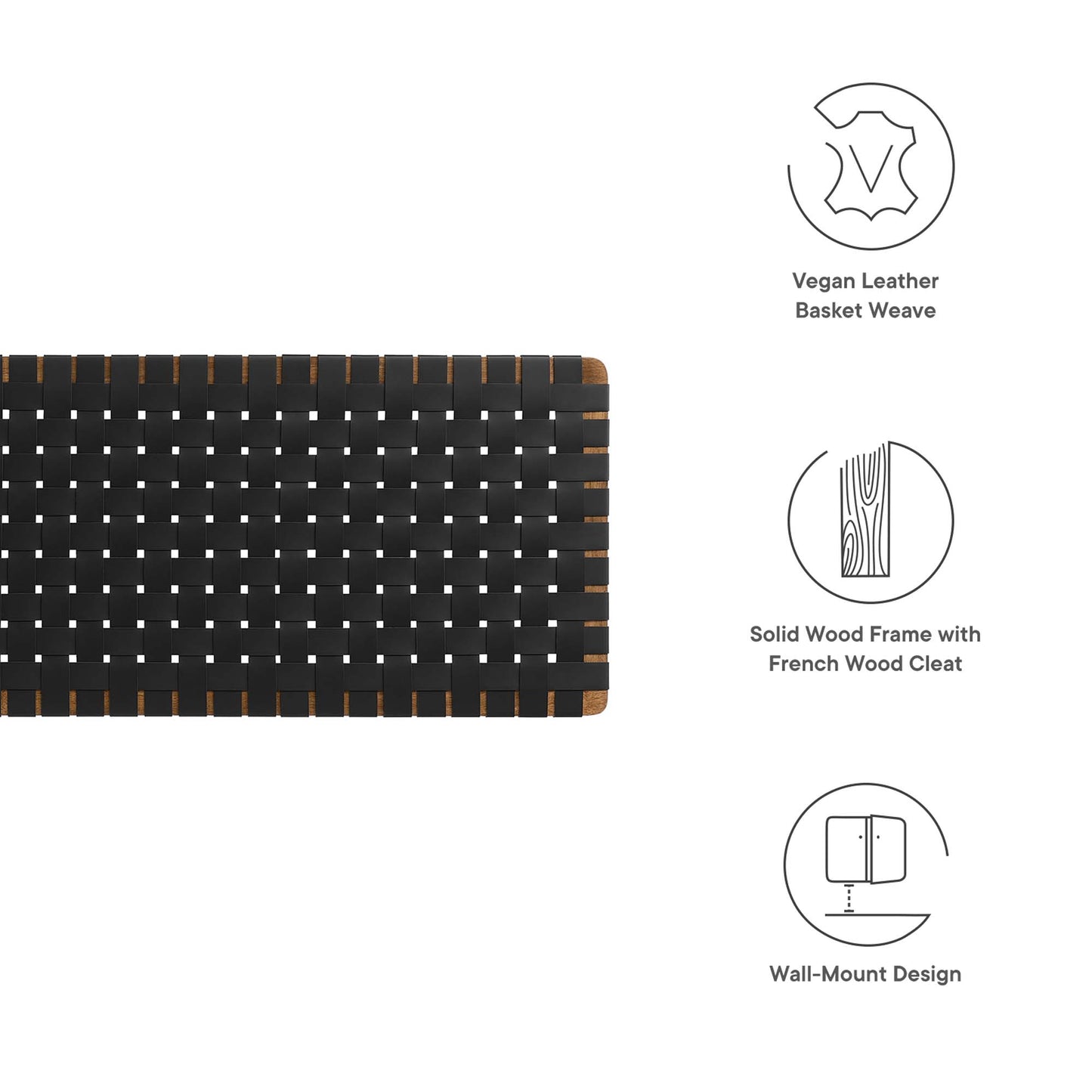 Walnut-black vegan leather basket-weave panel on a solid wood frame with a French cleat wall-mount