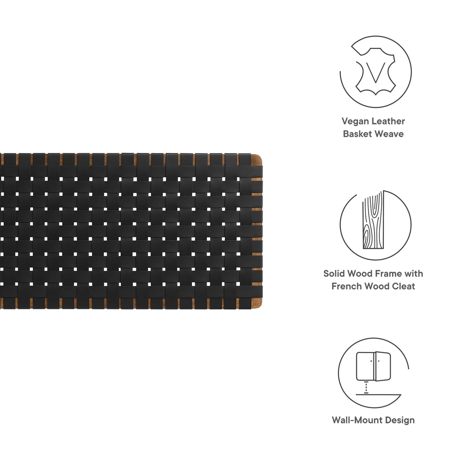 Walnut-black vegan leather basket-weave panel on a solid wood frame with a French cleat wall-mount