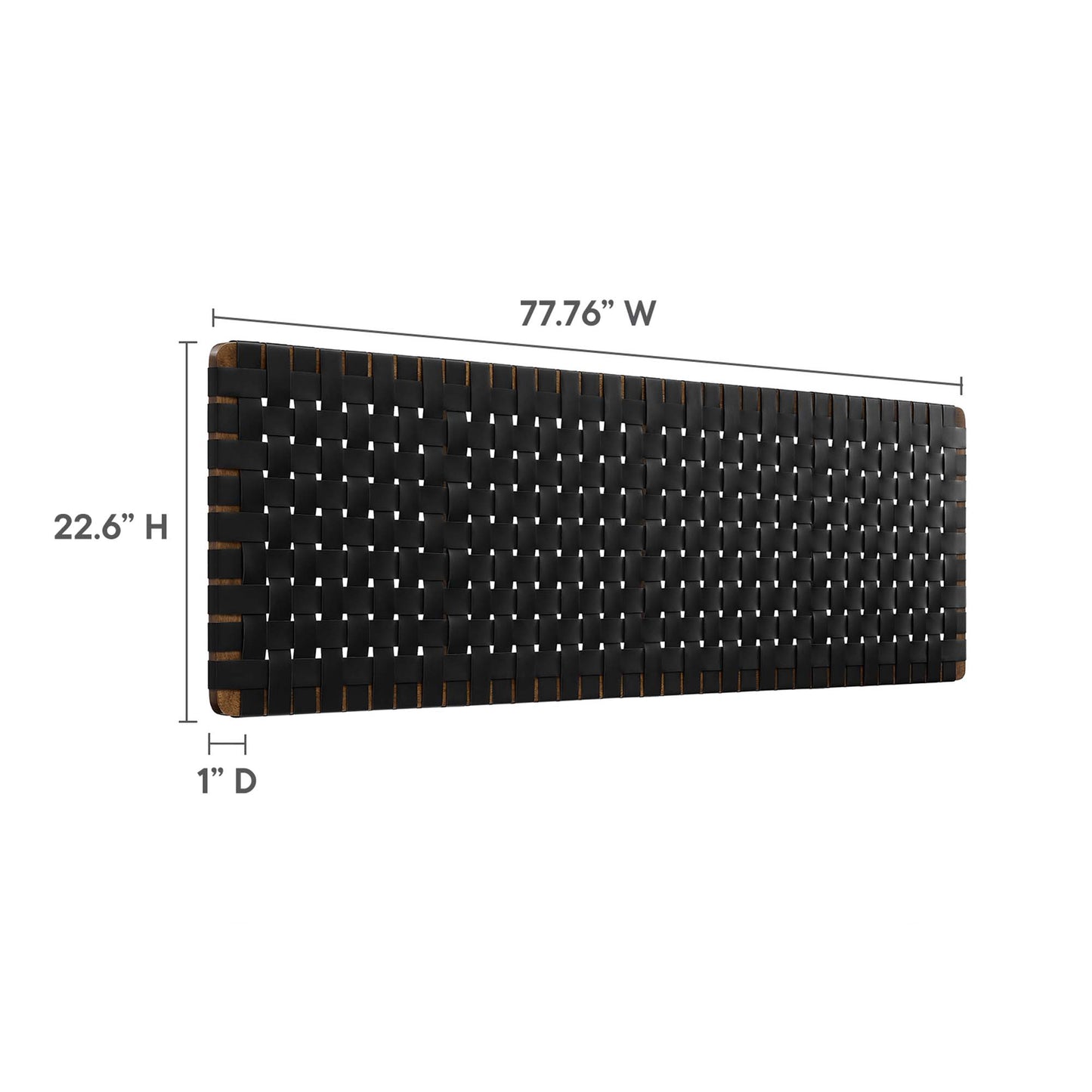 Rectangular black woven vegan leather king headboard, wall-mount with brown edges; modern decor, 77.76W x 22.6H x 1D.