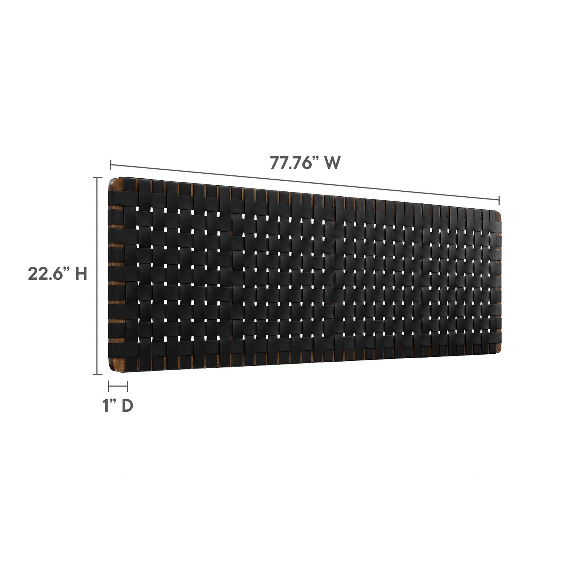 Rectangular black woven vegan leather king headboard, wall-mount with brown edges; modern decor, 77.76W x 22.6H x 1D.