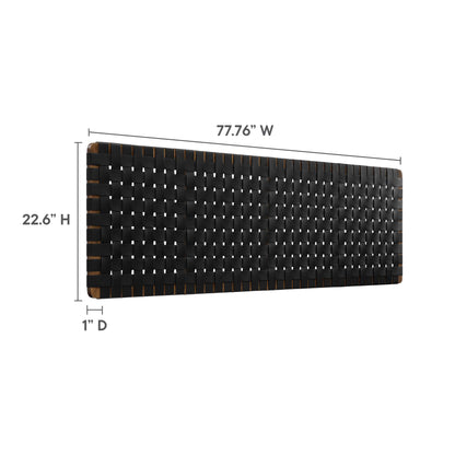 Rectangular black woven vegan leather king headboard, wall-mount with brown edges; modern decor, 77.76W x 22.6H x 1D.