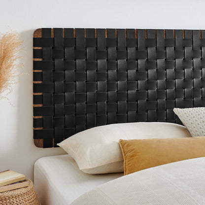 Black vegan leather king headboard, wall-mounted with a woven texture.