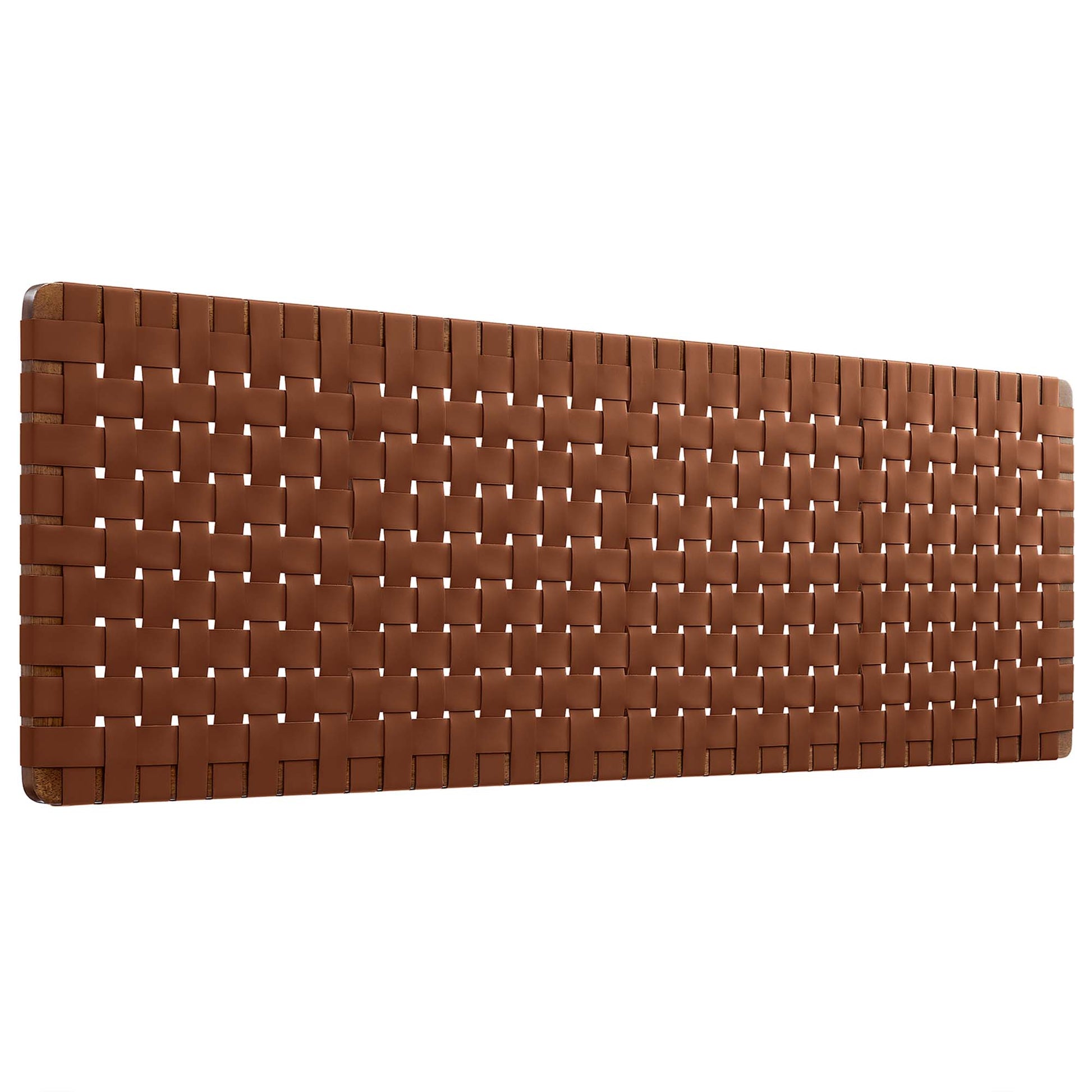 Brown wall-mounted vegan leather king headboard with a woven texture for the bedroom.