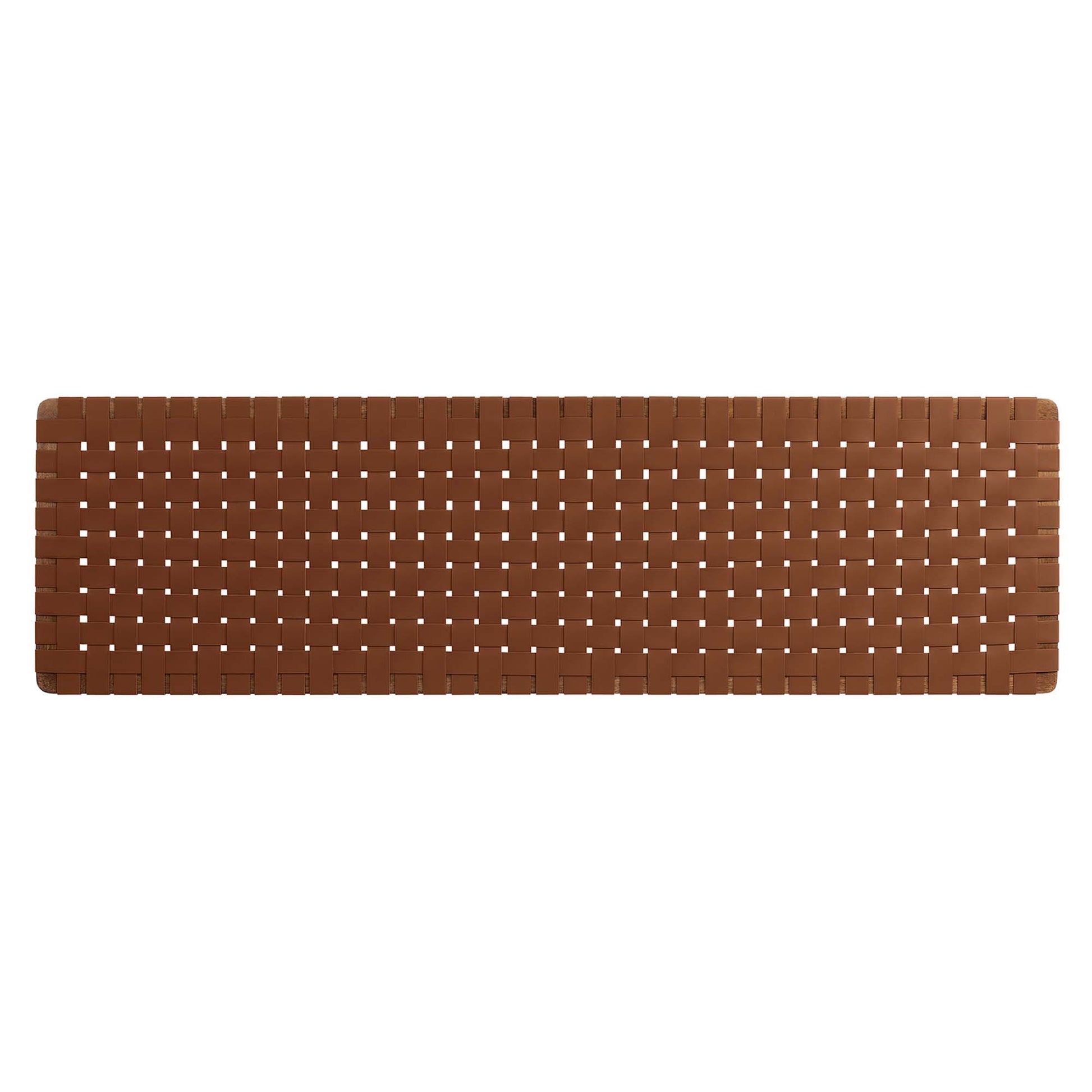 Brown vegan leather headboard with a woven texture; wall-mounted for a king-size bed.