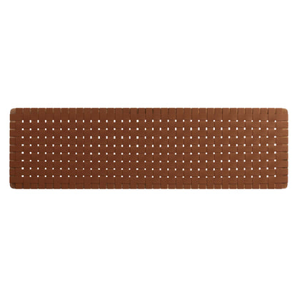 Brown vegan leather headboard with a woven texture; wall-mounted for a king-size bed.