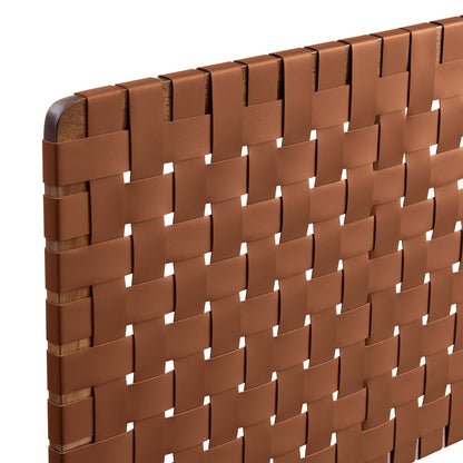 Walnut brown woven vegan leather straps form a lattice on a wall-mount king headboard.