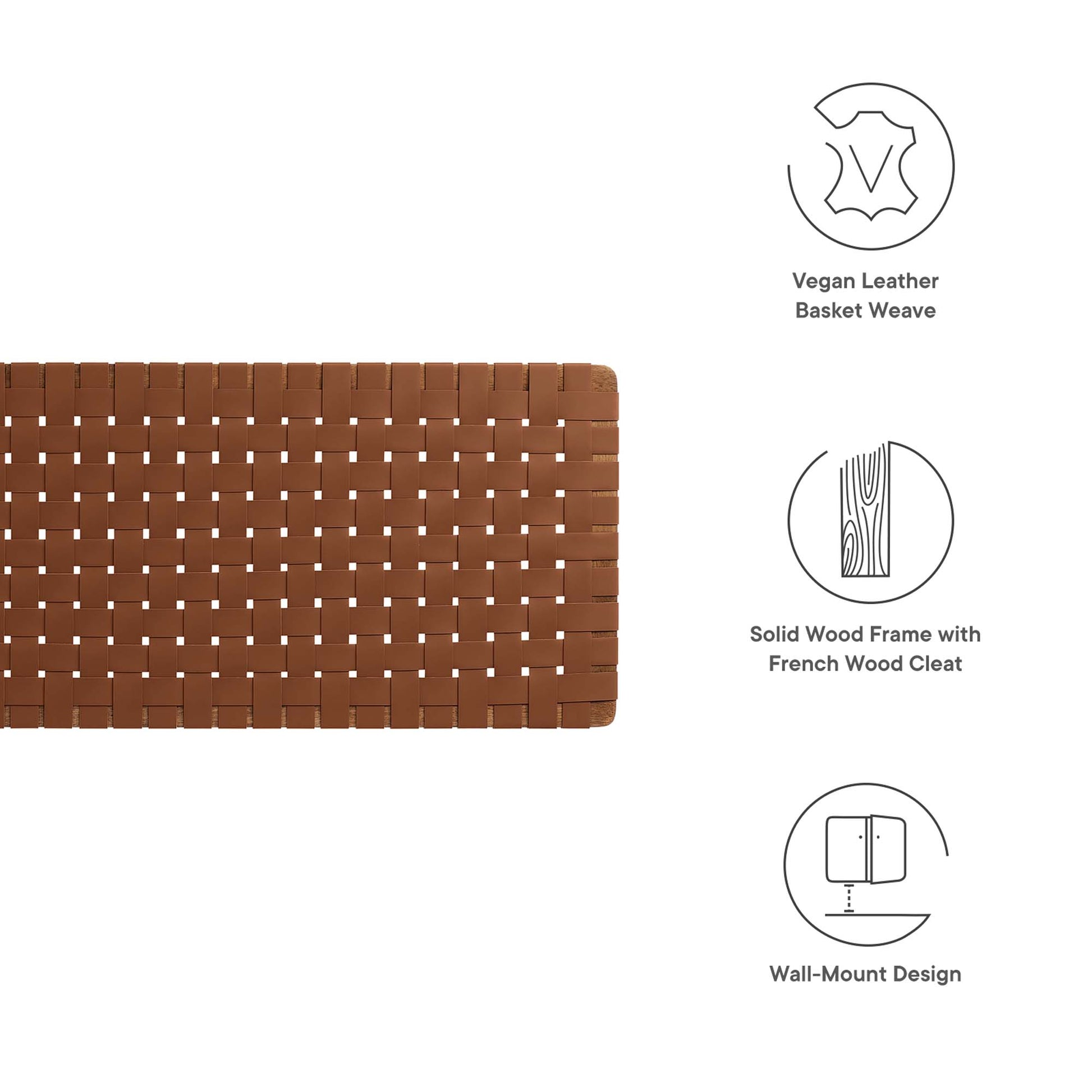 Walnut brown vegan leather basket-weave king headboard with solid wood frame; wall-mount design.