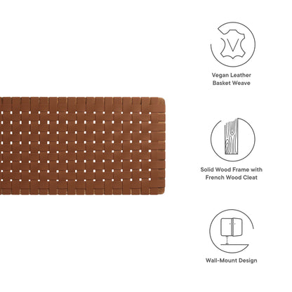 Walnut brown vegan leather basket-weave king headboard with solid wood frame; wall-mount design.