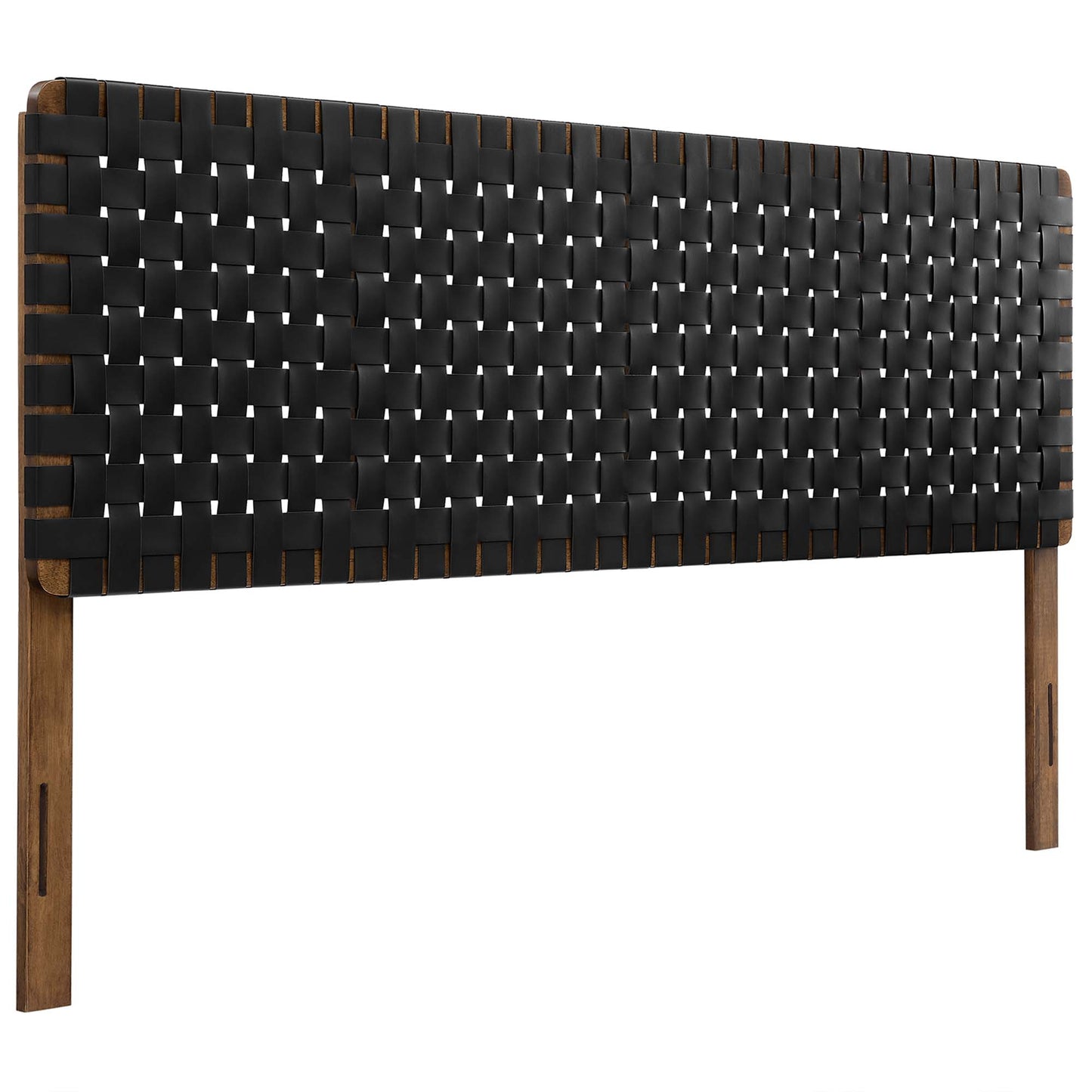 Black vegan leather headboard with Sparta weave panel, rectangular king size, modern style.