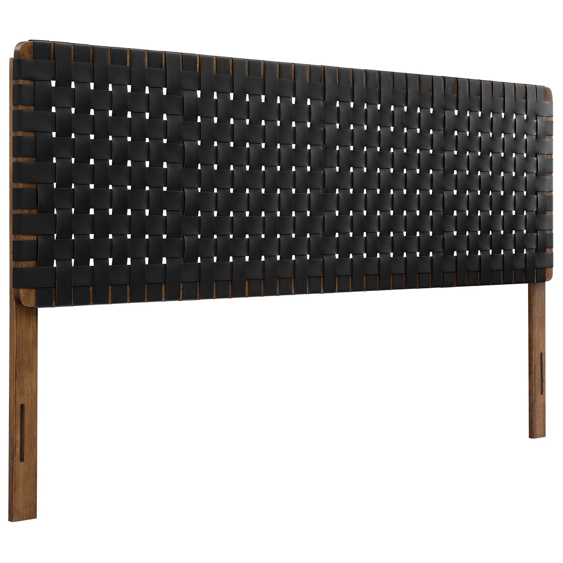 Black vegan leather headboard with Sparta weave panel, rectangular king size, modern style.