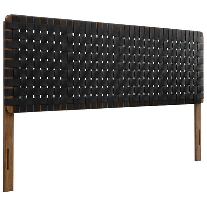Black vegan leather headboard with Sparta weave panel, rectangular king size, modern style.