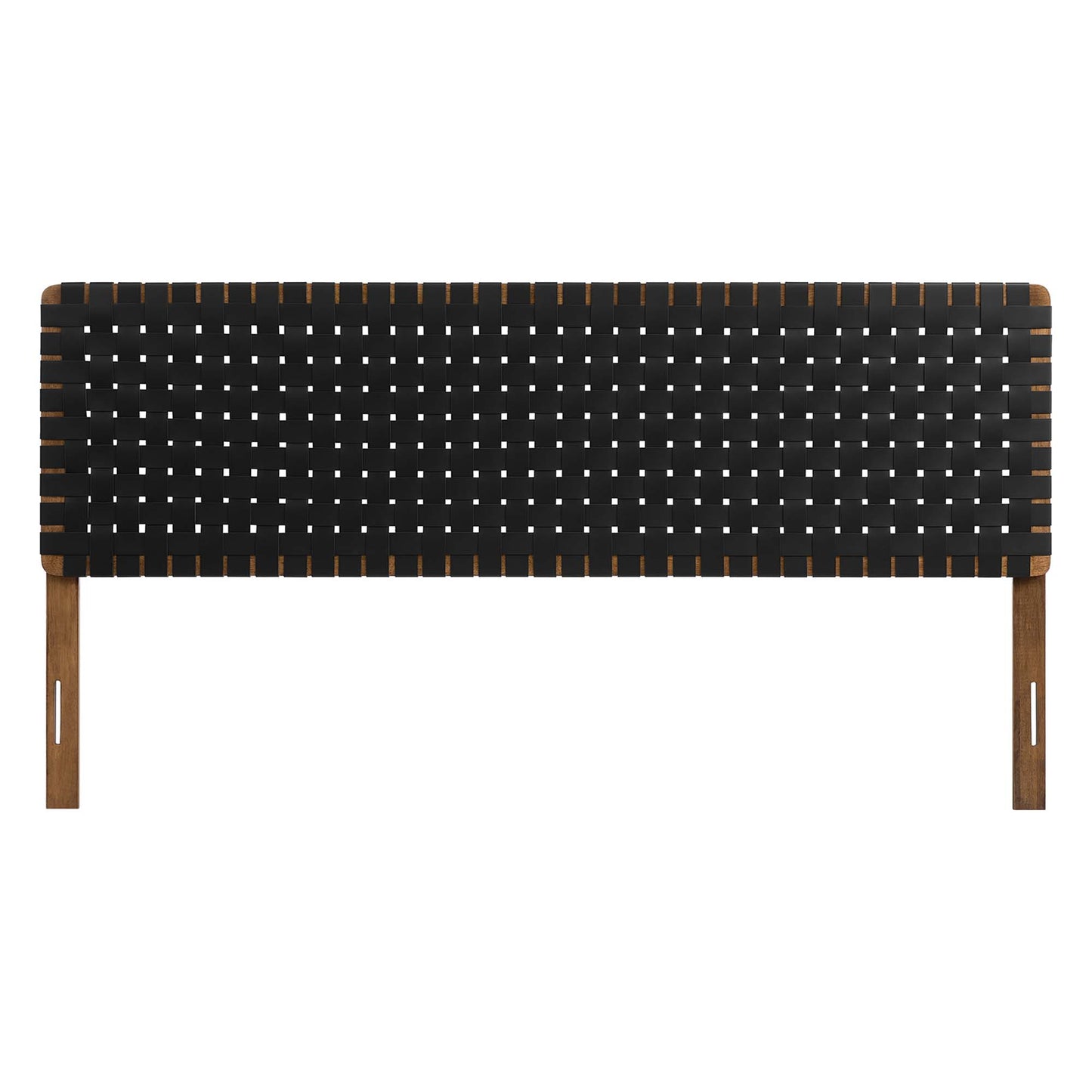 Walnut wood framed king headboard with black upholstered panel; minimalist mid-century modern bedroom headboard.