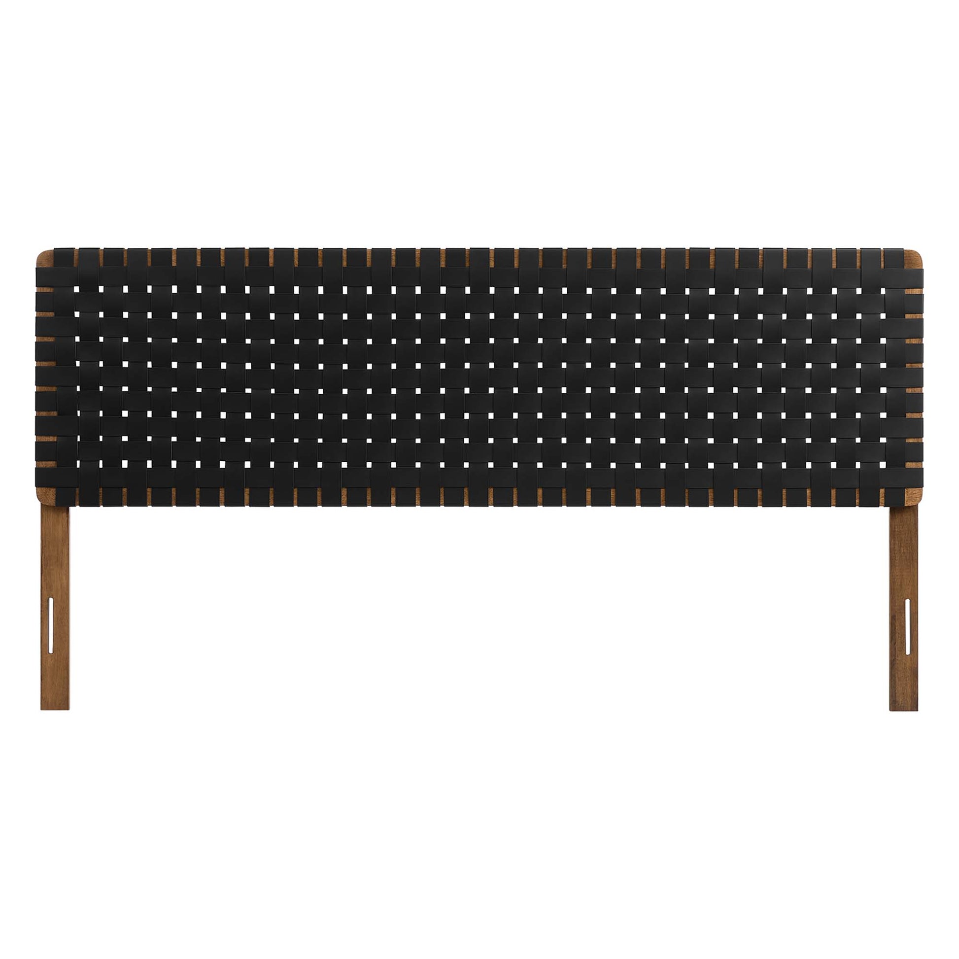 Walnut wood framed king headboard with black upholstered panel; minimalist mid-century modern bedroom headboard.
