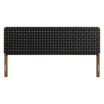 Walnut wood framed king headboard with black upholstered panel; minimalist mid-century modern bedroom headboard.