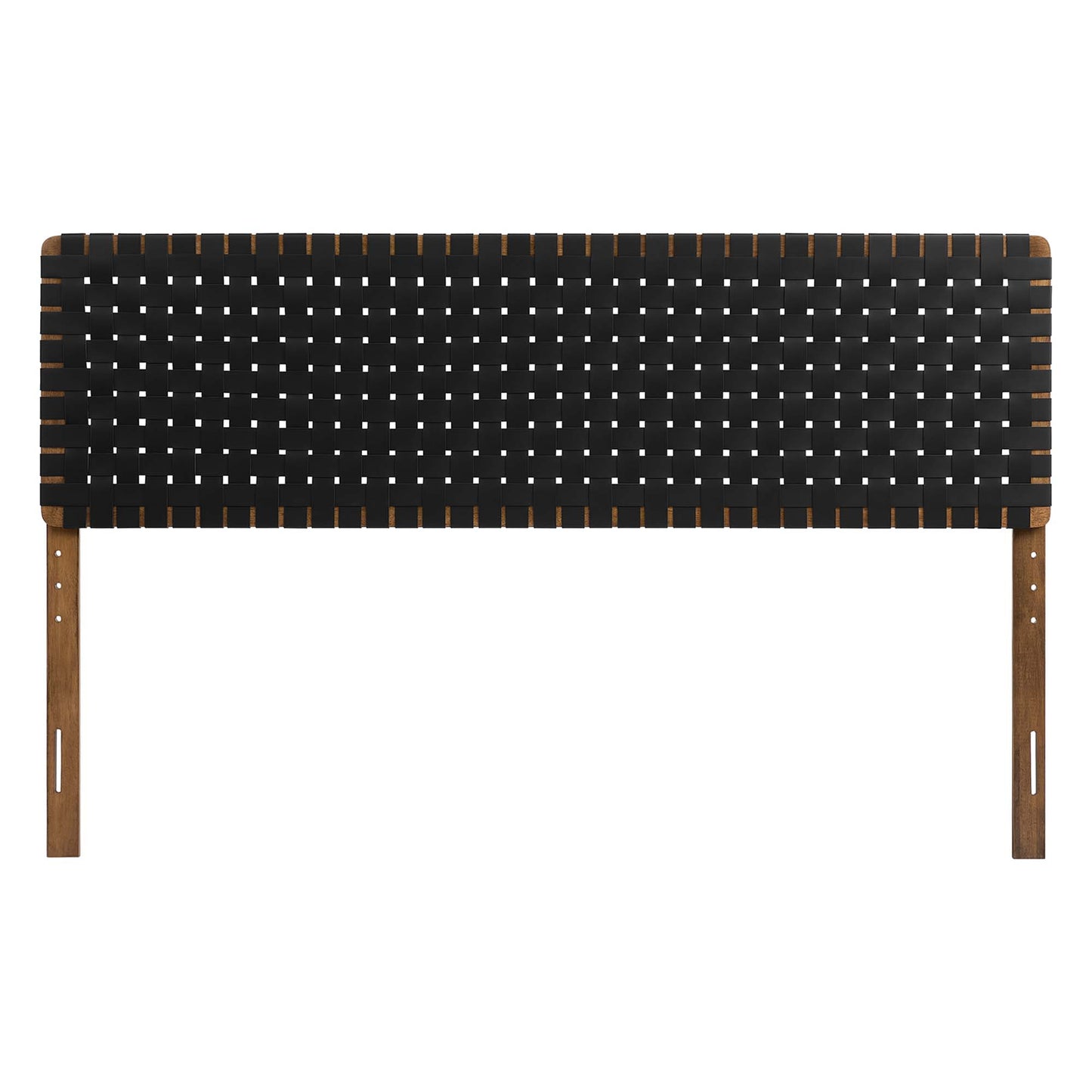 Vegan leather headboard with black woven panel, rectangular frame, side mounting legs, modern bedroom centerpiece
