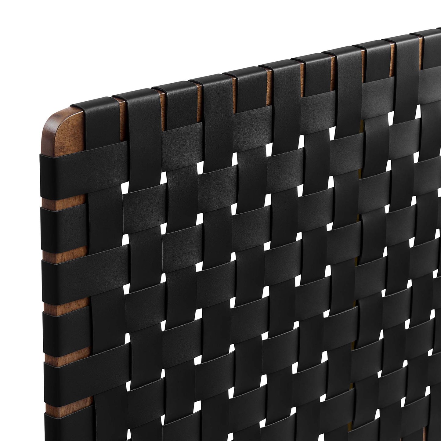 Black vegan leather weave headboard with a walnut wood frame.
