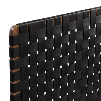 Black vegan leather weave headboard with a walnut wood frame.