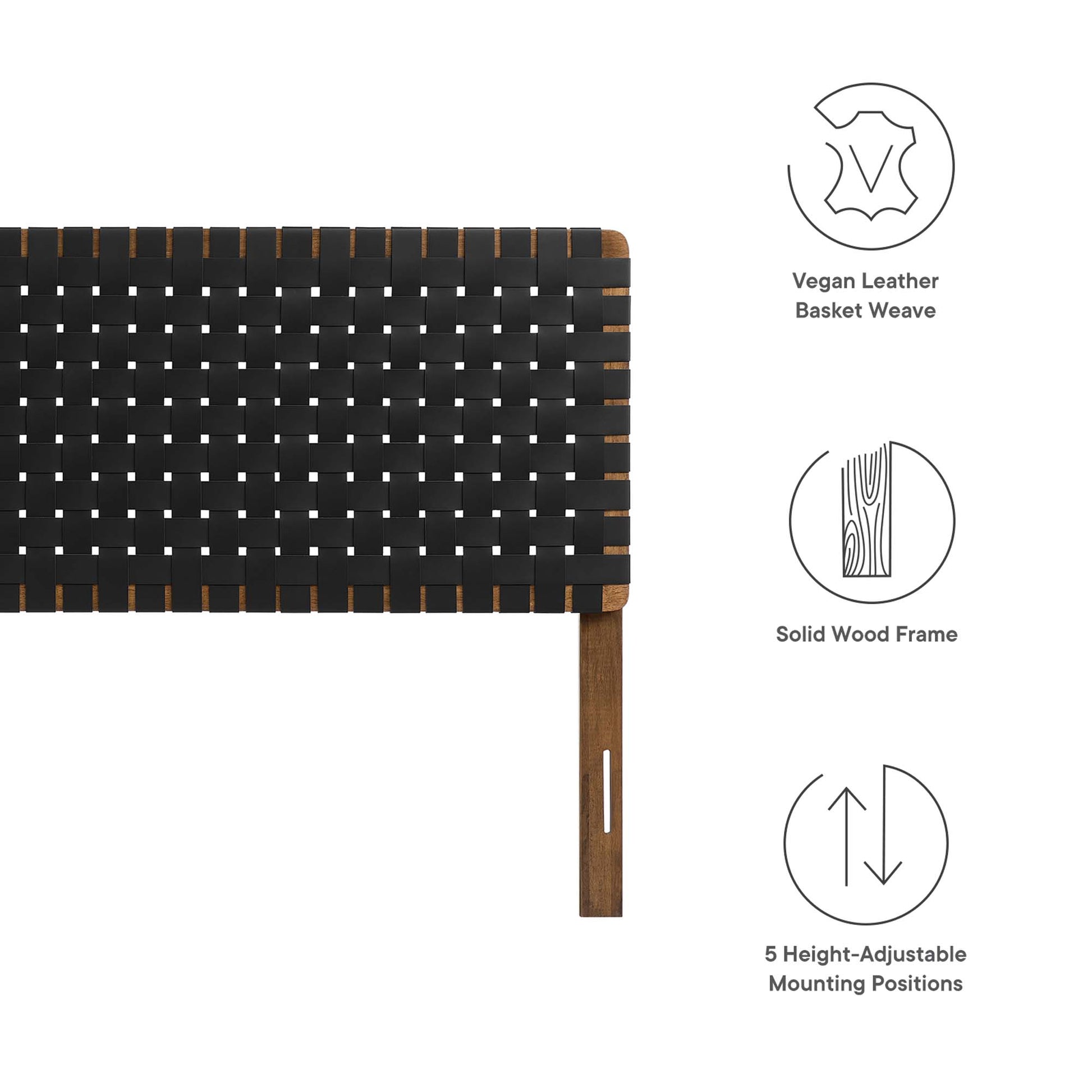 Walnut wood frame with black vegan leather basket-weave panel; 5 height-adjustable mounting positions.