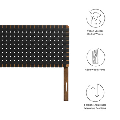 Walnut wood frame with black vegan leather basket-weave panel; 5 height-adjustable mounting positions.